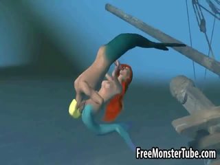 תלת ממדים קטן mermaid יוֹפִי מקבל מזוין קשה מתחת למים