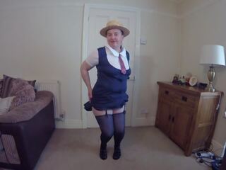 Step Mom Wearing young woman Uniform with Stockings & Suspenders