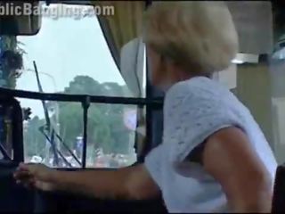 Crazy daring public bus x rated film action in front of amazed passengers and strangers by a couple with a pretty sweetheart and a stripling with big pecker doing a blowjob and a vaginal intercourse in a local transportation