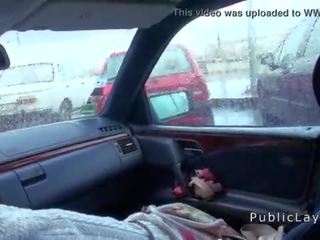 Hairy pussy Russian enchantress fucks in the car in public